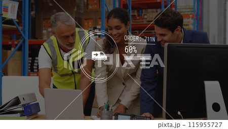Image of data processing over diverse supervisors and workers discussing together at warehouse 115955727