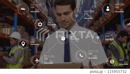 Image of data processing against caucasian male supervisor using digital tablet at warehouse 115955732