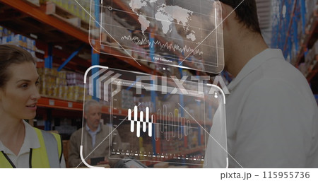 Image of data processing over diverse male supervisor and female worker discussing at warehouse 115955736