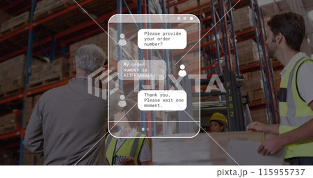 Image of data processing against caucasian male supervisor instructing workers at warehouse 115955737