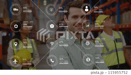 Image of data processing against portrait of caucasian male supervisor smiling at warehouse 115955752