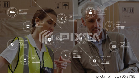 Image of data processing over diverse male supervisor and female worker discussing at warehouse 115955789