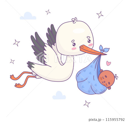 Cute flying stork with black ethnic newborn baby boy. Funny Cartoon bird kawaii character and delivery of infant. Vector illustration. Kids collection. Cute flying stork with black ethnic newborn baby boy. Funny Cartoon bird kawaii character and delivery of infant. Vector illustration. Kids collection. 115955792