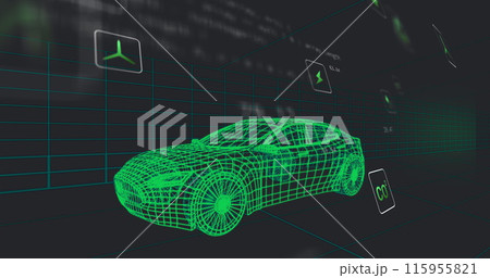 Image of multiple digital icons over 3d car model moving in seamless pattern in a tunnel Image of multiple digital icons over 3d car model moving in seamless pattern in a tunnel 115955821