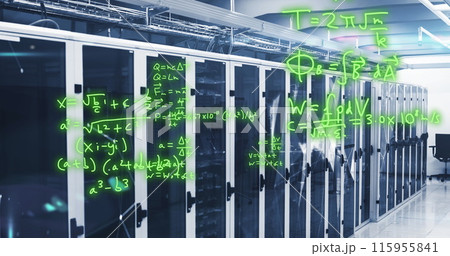 Image of mathematical equations and plexus networks against computer server room 115955841