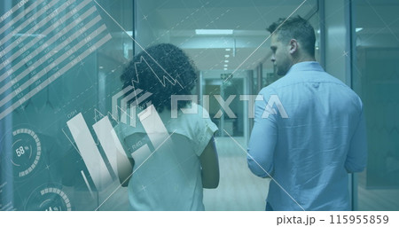Image of data processing over rear view of diverse man and woman discussing at office corridor 115955859