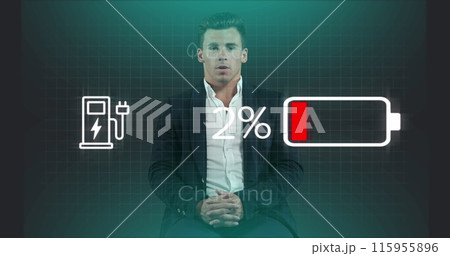 Image of car charging interface against caucasian businessman talking looking at the camera 115955896