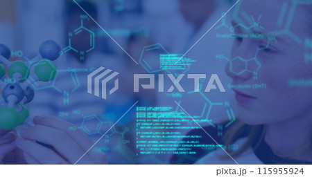 Image of data processing and chemical formula over diverse schoolchildren and teacher 115955924