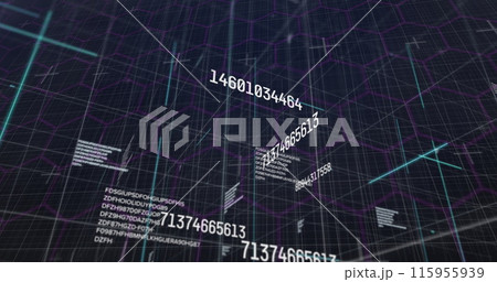 Digital image of changing numbers and data processing over light trails on blue background 115955939