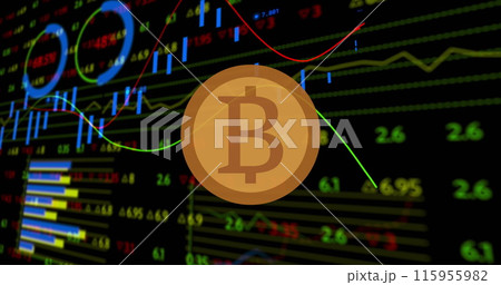 Image of bitcoin over financial data processing on black background Image of bitcoin over financial data processing on black background 115955982