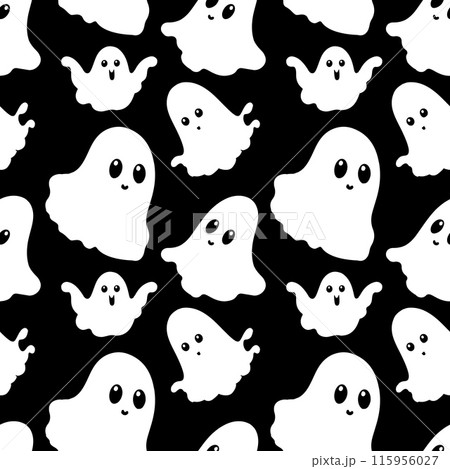 Cute and simple vector black and white seamless pattern with halloween ghosts flat childish style 115956027