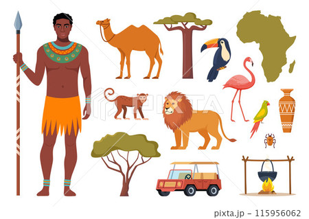 African ethnic style icons. African map, trees, people, animals, birds. Vector. 115956062