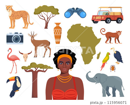 African ethnic style icons. African map, trees, people, animals, birds. Vector. African ethnic style icons. African map, trees, people, animals, birds. Vector. 115956071