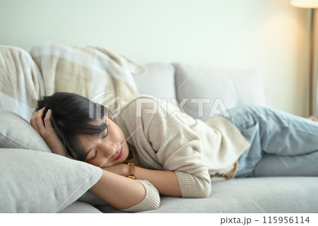 Young Asian woman peacefully sleeping on comfortable couch at home. Stress free concept Young Asian woman peacefully sleeping on comfortable couch at home. Stress free concept 115956114