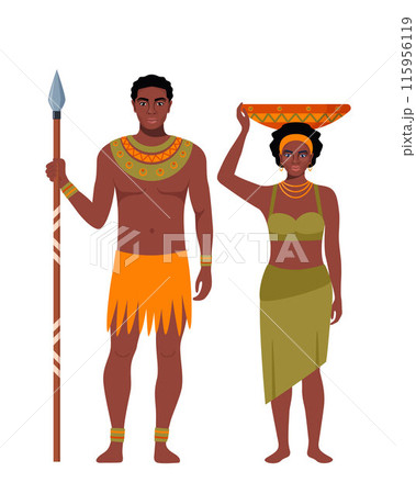 Native black skinned woman and man of African tribe. African couple with traditional ethnic dress and necklace. Man with spear, woman with vase. Vector. 115956119