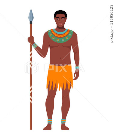 African man wear tribal clothes and necklace holding spear. Portrait of male character with dark skin, warrior, hunter. Vector. African man wear tribal clothes and necklace holding spear. Portrait of male character with dark skin, warrior, hunter. Vector. 115956125