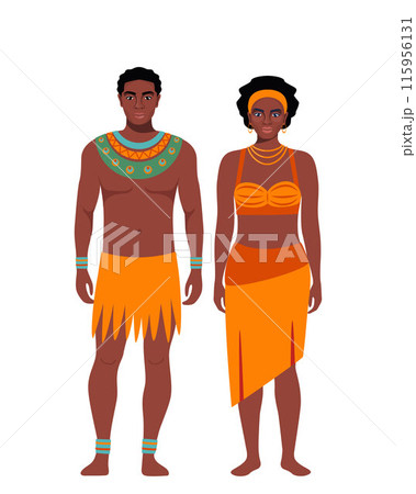 Native black skinned woman and man of African tribe. African couple with traditional ethnic dress and necklace standing in full growth. Vector. 115956131