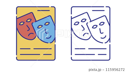 Thin line stroked color icon. Theatrical advertising poster. Announcement of premiere with theatrical masks. Simple vector isolated on white background 115956272