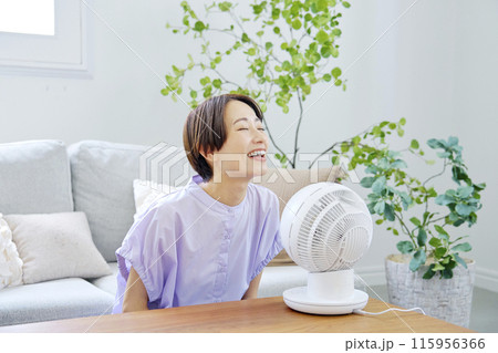 リビングでサーキュレーターを使う女性 リビングでサーキュレーターを使う女性 115956366