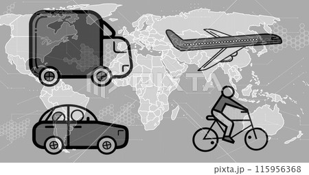 Image of transport icons over world map on grey background Image of transport icons over world map on grey background 115956368