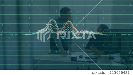 Image of financial data processing over diverse businesspeople in office Image of financial data processing over diverse businesspeople in office 115956421