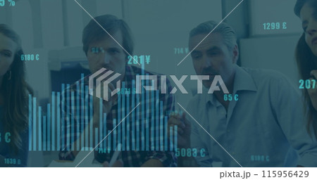 Image of financial data processing over diverse businesspeople in office 115956429