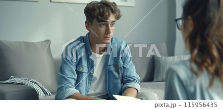 Man Sitting on a Couch During Therapy Session 115956435