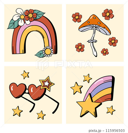 Groovy summer prints design set Square hippie posters collection with florals and nature clip art 115956503
