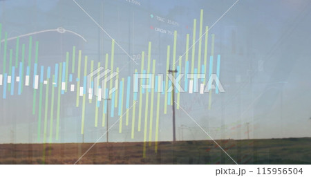 Image of financial data processing over wind turbines 115956504