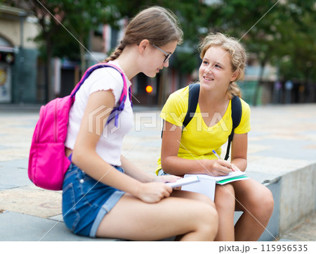 Two schoolgirls doing their homework outdoors Two schoolgirls doing their homework outdoors 115956535