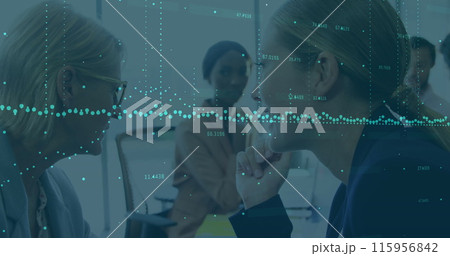 Image of data processing over caucasian businesswoman whispering in ear of another businesswoman 115956842