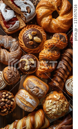 Fresh Bakery Bread On Wooden Table 115957016