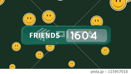 Image of numbers changing and friends text over multiple emoji icons on green background 115957018