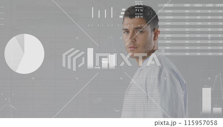 Image of medical data processing over attractive male medical worker wearing white suit using digita Image of medical data processing over attractive male medical worker wearing white suit using digita 115957058