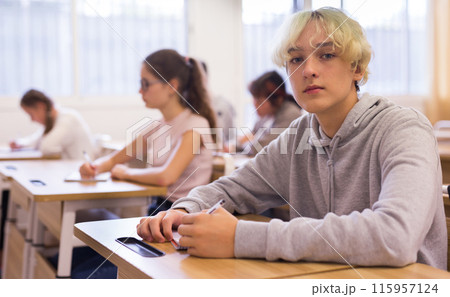 Confident teenage student sitting on lesson in classroom 115957124
