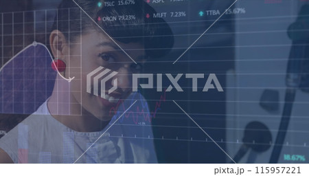 Image of financial data processing over people people at the gas station 115957221