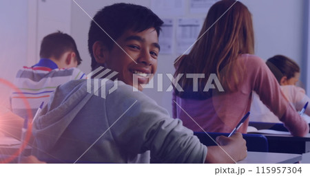 Image of back view of diverse students writing test at school Image of back view of diverse students writing test at school 115957304