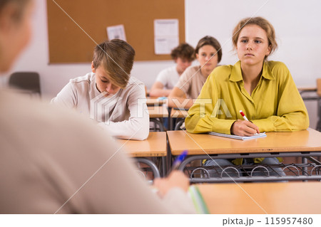 Teenage pupils sitting at desk in classroom 115957480