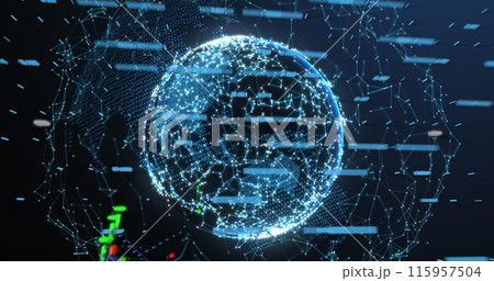Image of financial data processing over network of connections and globe against blue background Image of financial data processing over network of connections and globe against blue background 115957504