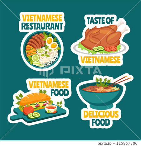 Vietnamese Food Label Flat Cartoon Hand Drawn Templates Background Illustration 115957506