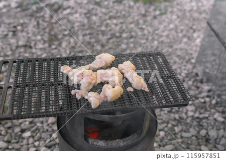【オートキャンプ場でソロキャンプ　網で白モツを焼く】　 115957851