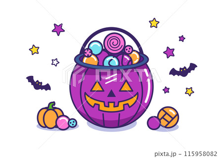 ハロウィンのお菓子が入ったカボチャのバケツのイラスト ハロウィンのお菓子が入ったカボチャのバケツのイラスト 115958082