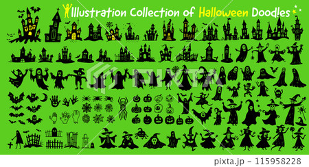 ハロウィーンの落書きシルエット イラスト セット: 幽霊の出る城、幽霊、魔女、蝙蝠、蜘蛛、カボチャ ハロウィーンの落書きシルエット イラスト セット: 幽霊の出る城、幽霊、魔女、蝙蝠、蜘蛛、カボチャ 115958228