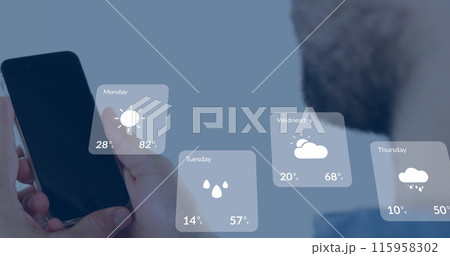 A person checking weather forecast on smartphone, digital weather icons floating 115958302