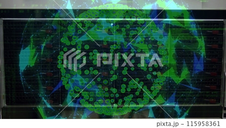 A person in a dark shirt stands behind a clear interface with green data points 115958361