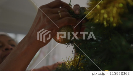 Senior biracial woman hanging ornaments on Christmas tree Senior biracial woman hanging ornaments on Christmas tree 115958362