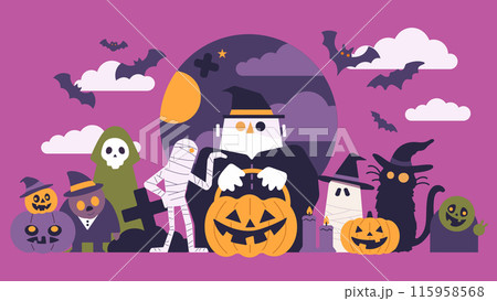 シンプルなハロウィンコンセプトのベクターイラスト。かわいいモンスターの集合 115958568