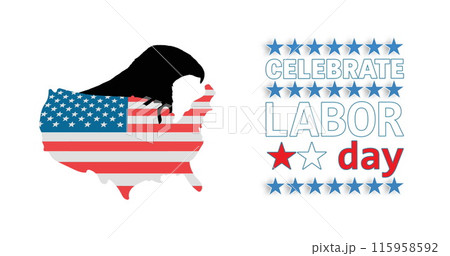 A silhouette of eagle overlays map of United States adorned with the American flag 115958592