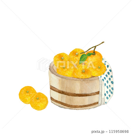 水彩で描いた桶に入ったユズのイラスト 柚子湯【手描き】白バック コピースペース 透過背景 水彩で描いた桶に入ったユズのイラスト 柚子湯【手描き】白バック コピースペース 透過背景 115958698