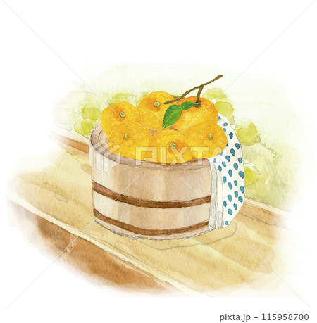 水彩で描いた桶に入ったユズのイラスト 柚子湯 背景付き【手描き】白バック コピースペース 透過背景 115958700